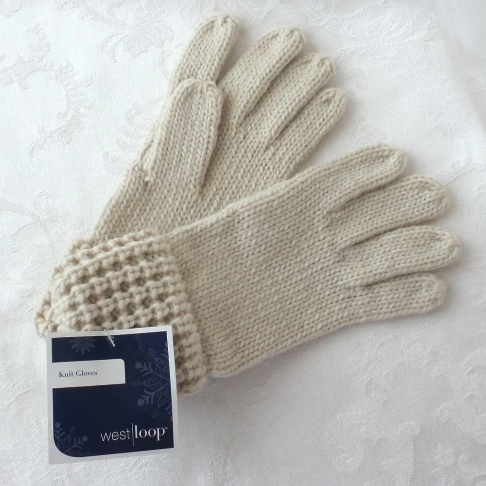New West Loop Cream Knit Gloves + Hand Knit Purple Magenta Winter Cap Set